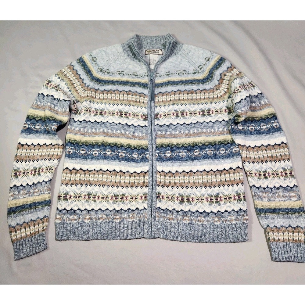 Tiara International Fair Isle Full Zip Cardigan Sweater Cottage Cozy Cabin Small